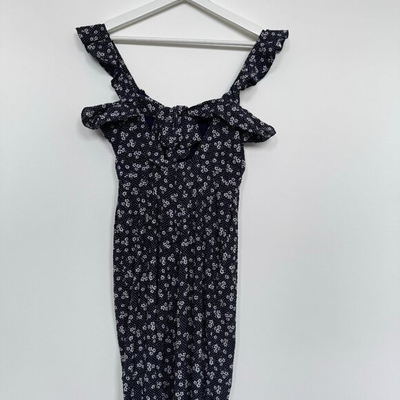 Jumpsuit One piece Summer Navy blue outfit with flower patterns and ruffles - Picture 4 of 12
